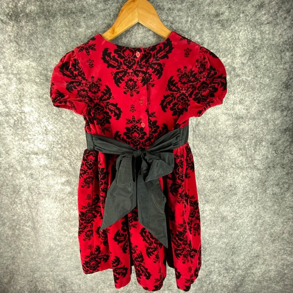 Hartstrings Dress Girls 8 Red Black Velvet Palampore Floral Ribbon Cotton Party